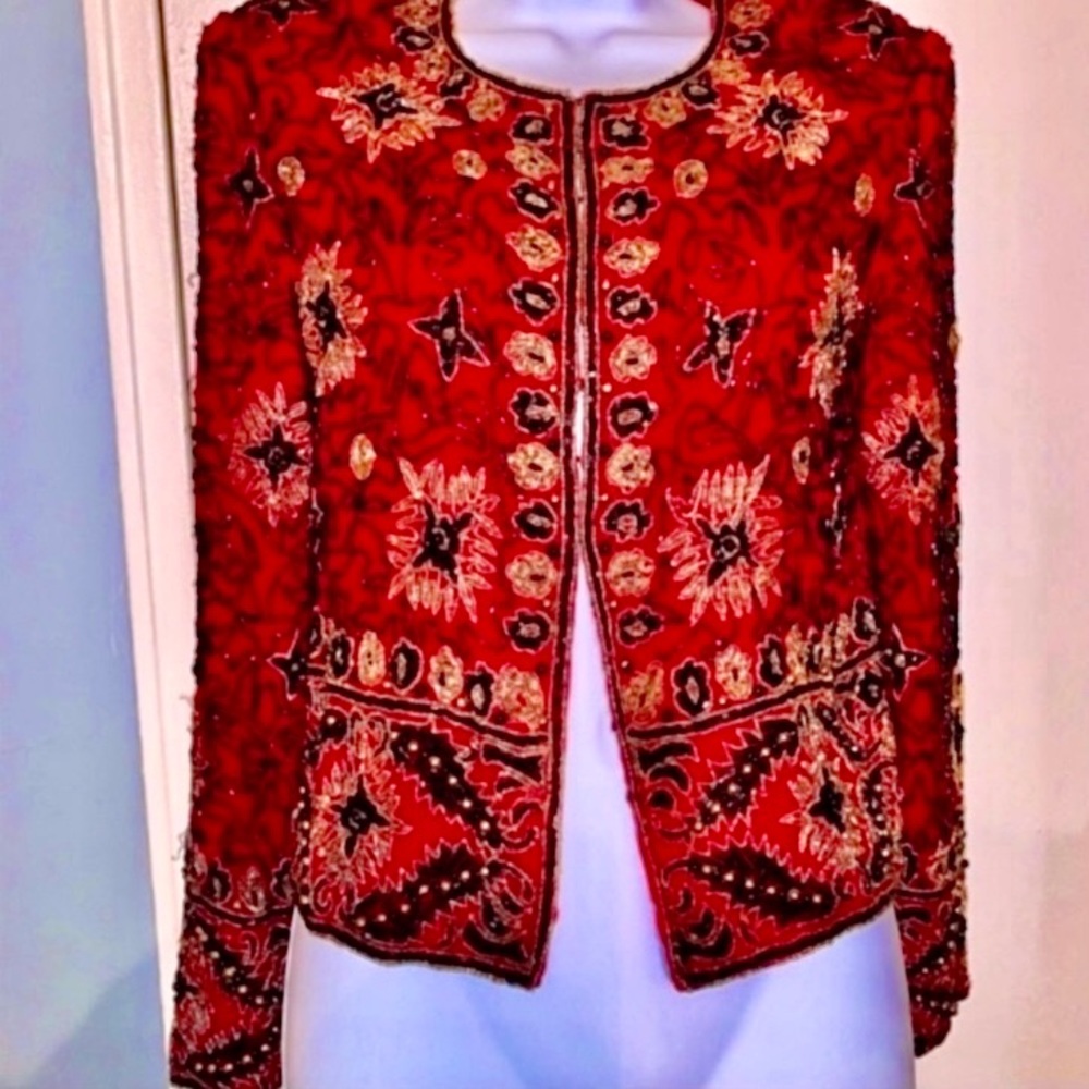 Exquisite’ Red & Beaded to Perfection:Jacket Perfect w Everything! Even Jeans!